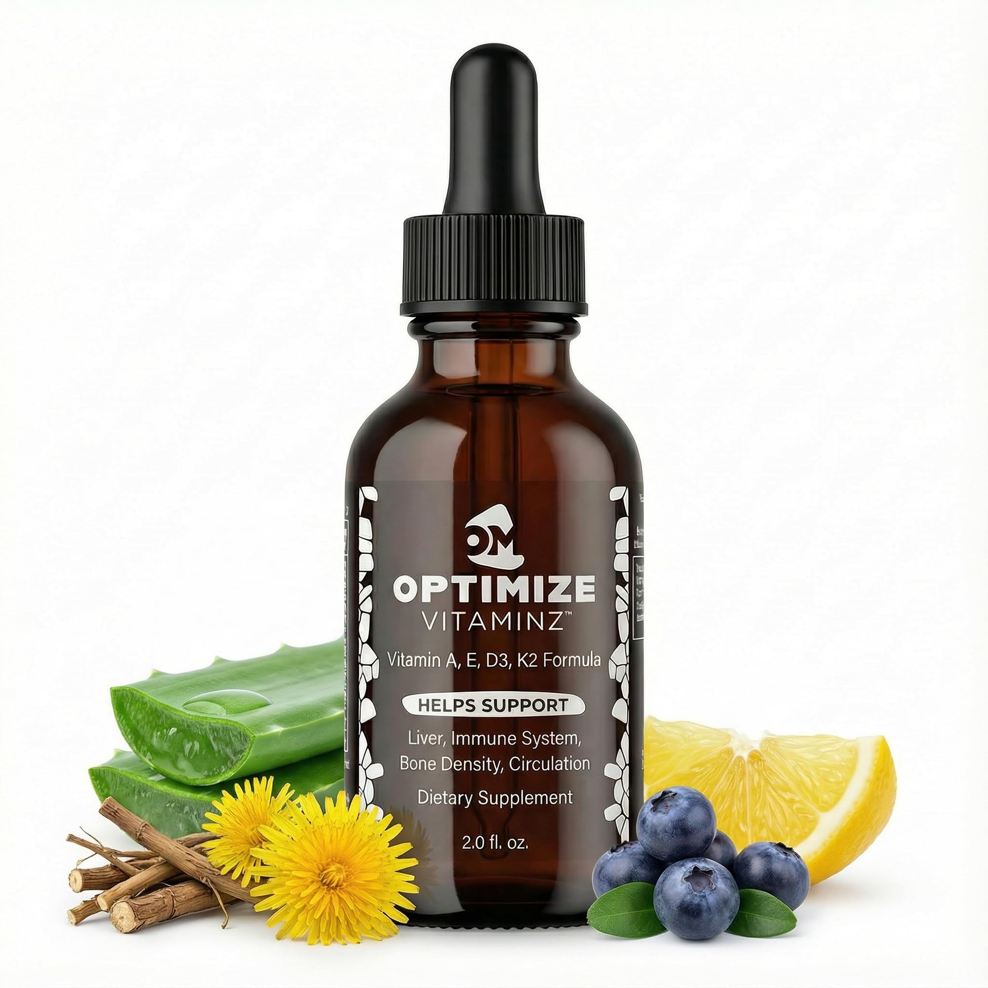 Optimize Vitaminz Liquid Vitamin D3 K2 Drops with Dandelion Root & Bilberry | Immune, Liver & Bone Support, MK-7 Formula, Fast Absorption Liquid Multivitamin, 30 Day Supply, 2 Fl Oz Optimize MineralsBuy Supplements Australia