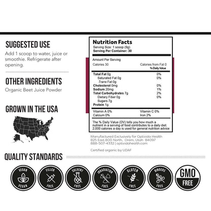 OPTIVIDA Nitric Oxide Beet Powder Organic | All Natural Beets Roots Supplements | Support Blood Flow, Heart & Liver Health | Vegan, Non-GMO, and Gluten Free 30 Servings