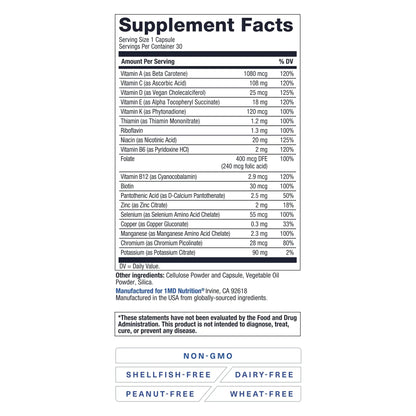 1MD Nutrition MultiVitMD Daily Multivitamin – 19 Essential Vitamins & Minerals for Adults Over 55 | Supports Healthy Aging, Heart, Brain, Bone, & Immune Health | 1MD Nutrition