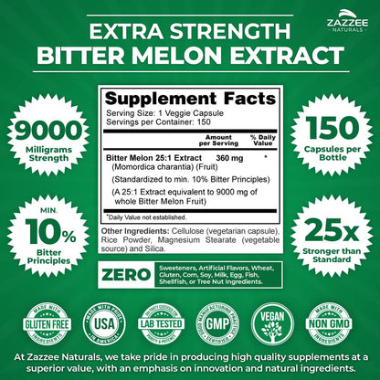 Zazzee Extra Strength Bitter Melon 25:1 Extract, 9000 mg Strength, 10% Bitter Principles ZazzeeBuy Supplements Australia