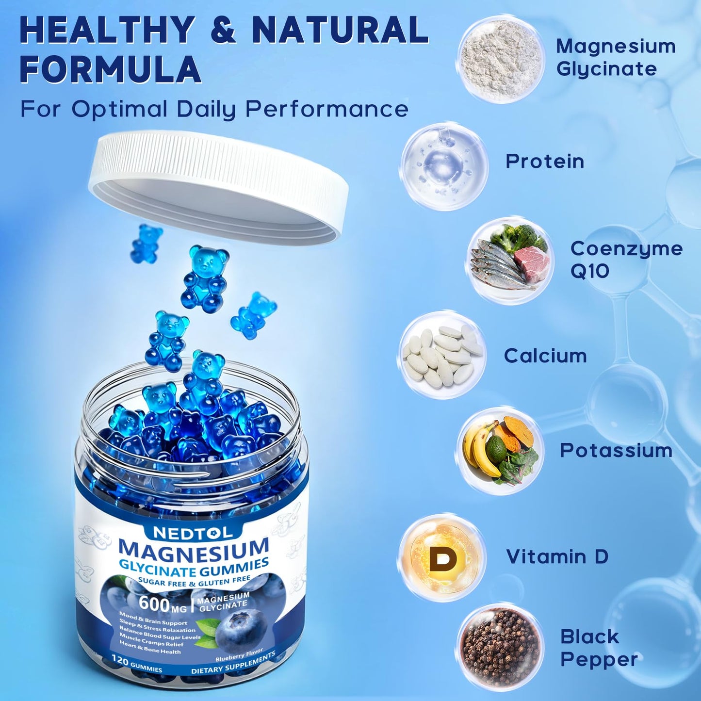Nedtol Magnesium Glycinate Gummies 600mg, Sugar Free Magnesium Potassium Supplement for Adults with Magnesium L-Threonate, Vitamin D, B6,and CoQ10 for Sleep, Body Support and Relaxation,120 Count NedtolBuy Supplements Australia