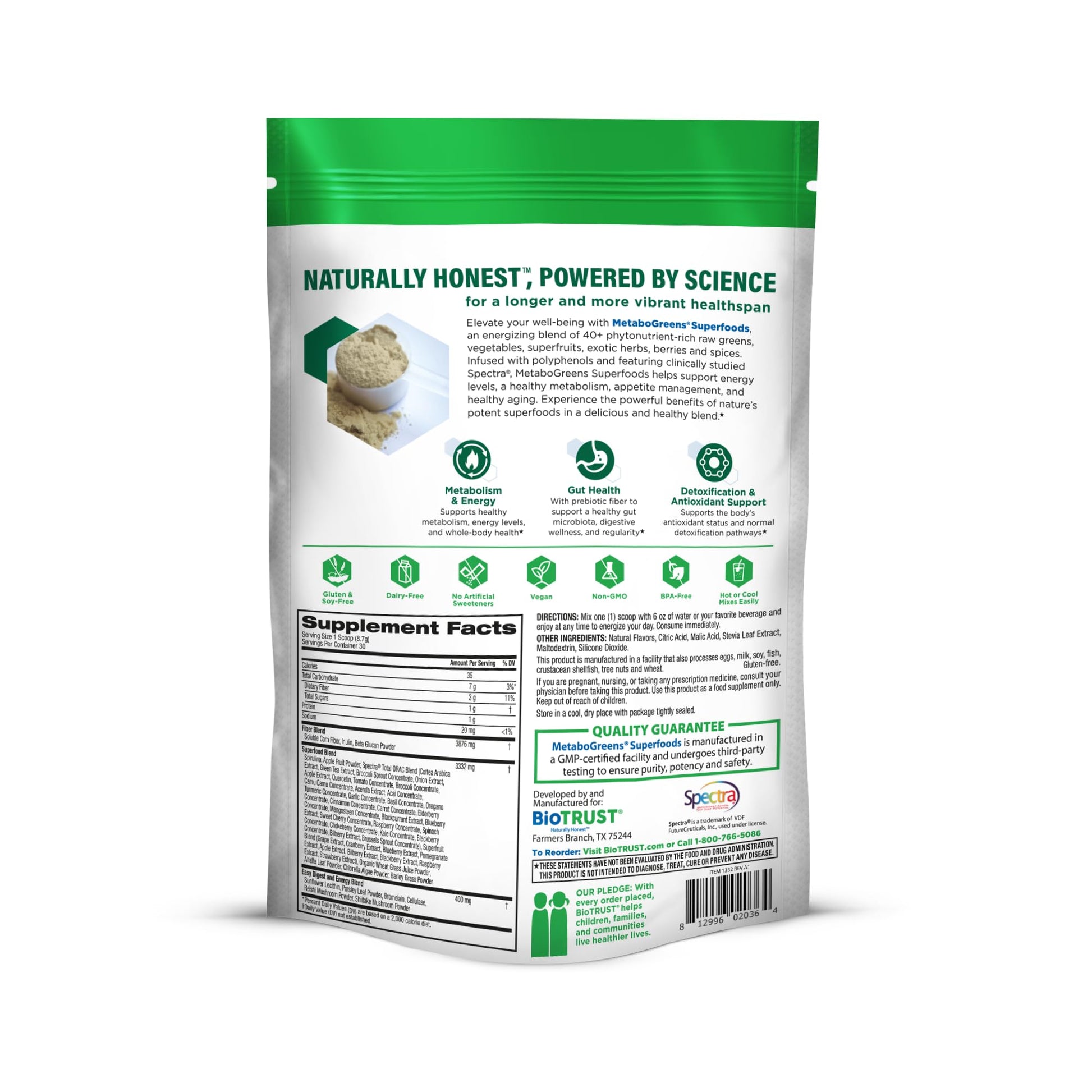 BioTrust Metabo Greens Superfood Powder - Super Greens Powder, Fruit & Veggie Blend with Clinically Studied Spectra - Non GMO, Soy Free, Gluten Free, Dairy Free, Energizing Berry Flavor (30 Servings) BioTrustBuy Supplements Australia