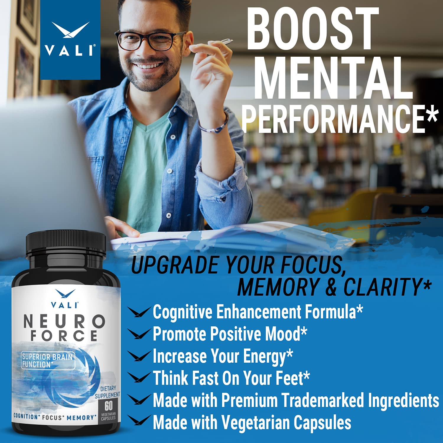 VALI Neuro Force Brain Booster Supplement for Focus, Memory, Clarity & Energy. Extra Strength Nootropic Cognitive Function Support for Mental Performance. with Natural Caffeine. 60 Veggie Capsules VALIBuy Supplements Australia