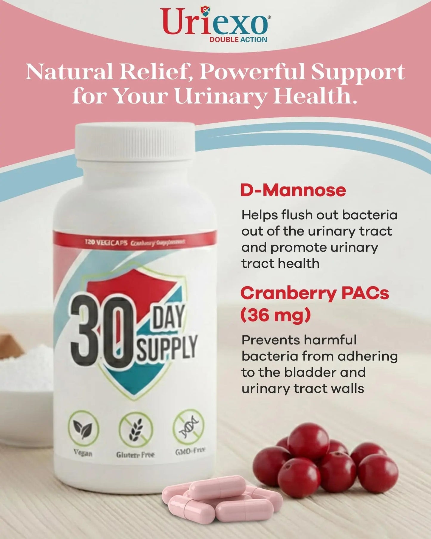 Uriexo Double Action Support Cranberry Pills - Urinary Tract Health Supplement with 36mg Proanthocyanidins PACs & 2000mg D-Mannose, Capsules for Men & Women, Non-Antibiotic Formula, 30 Day Supply UriexoBuy Supplements Australia