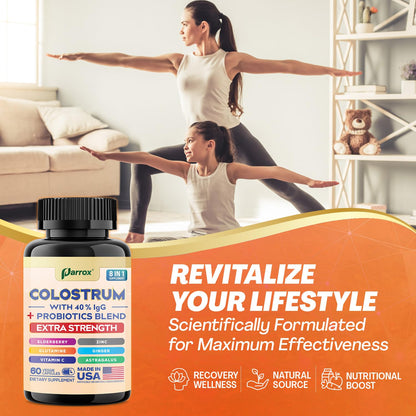 Parrox Colostrum Supplement Capsules, Grass Fed Cow Colostrum with 40% IgG, Probiotics Blend, Elderberry, Astragalus, Zinc, Ginger, Vitamin C, L-Glutamine, 8 in 1 Extra Strength Bovine Boost (60 Caps) ParroxBuy Supplements Australia