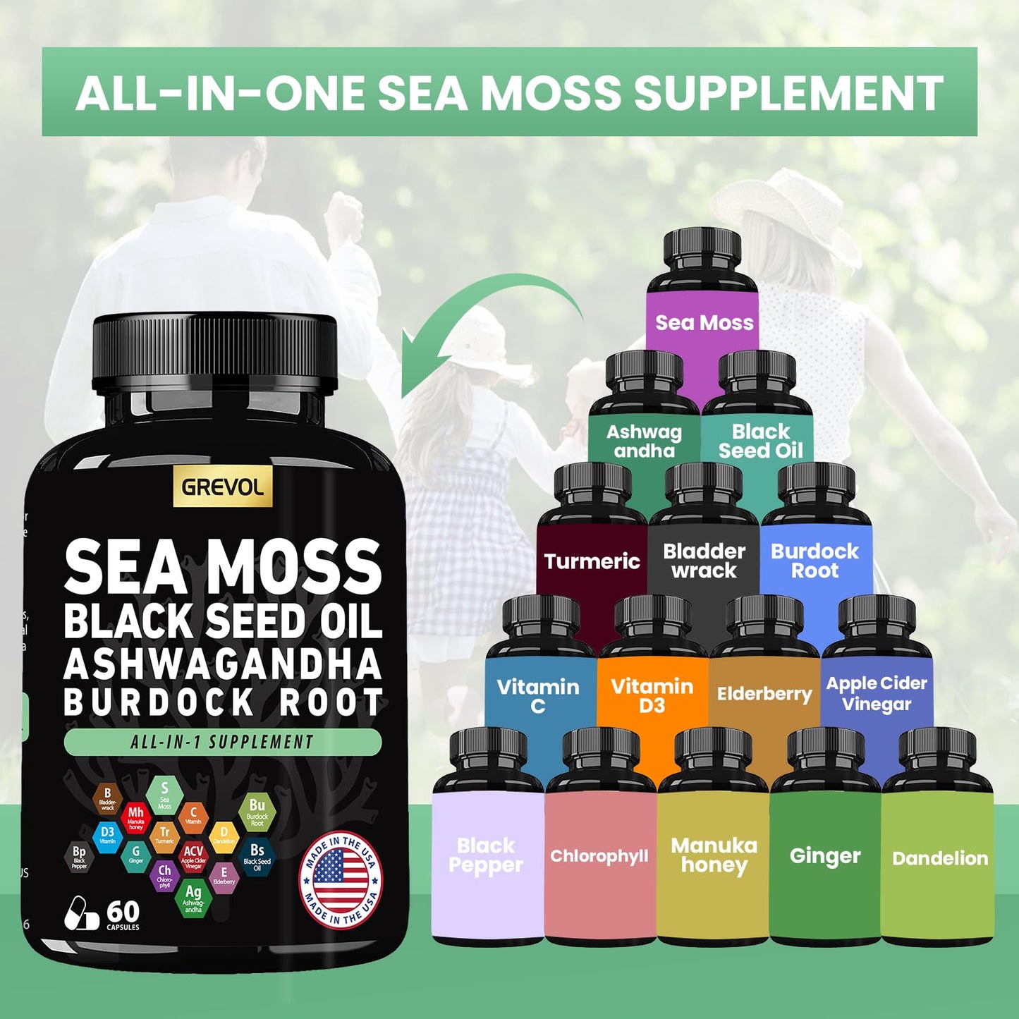 Sea Moss Black Seed Oil Ashwagandha Bladderwrack Burdock Root Turmeric & Vitamin C D3 Elderberry ACV Black Pepper - Multimineral Supplement - 60 Count GrevolBuy Supplements Australia