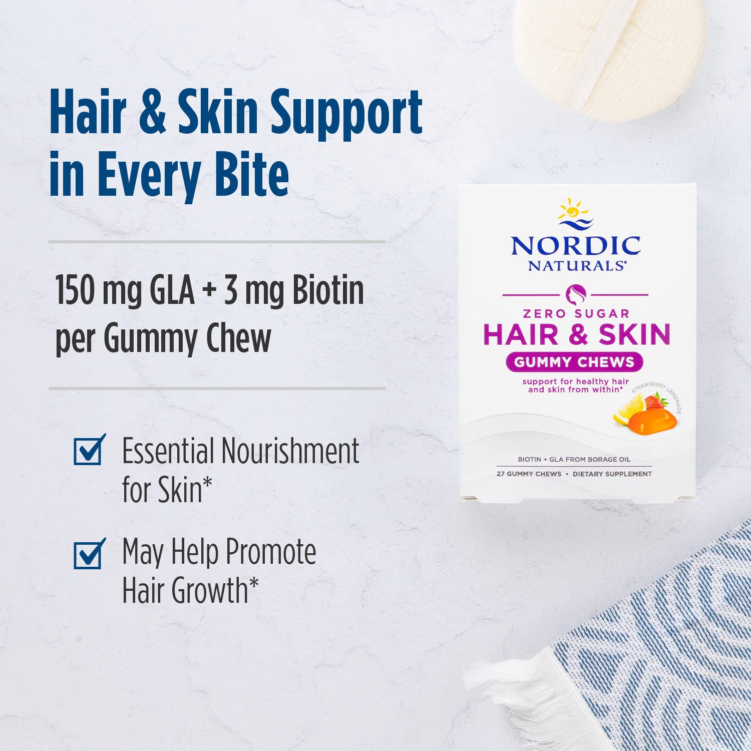 Nordic Naturals Zero Sugar Hair & Skin Gummy Chews, Strawberry Lemonade - 27 Gummy Chews - Biotin + GLA from Borage Oil - Promotes Healthy Balance of Fats in Skin - Non-GMO - 27 Servings Nordic NaturalsBuy Supplements Australia