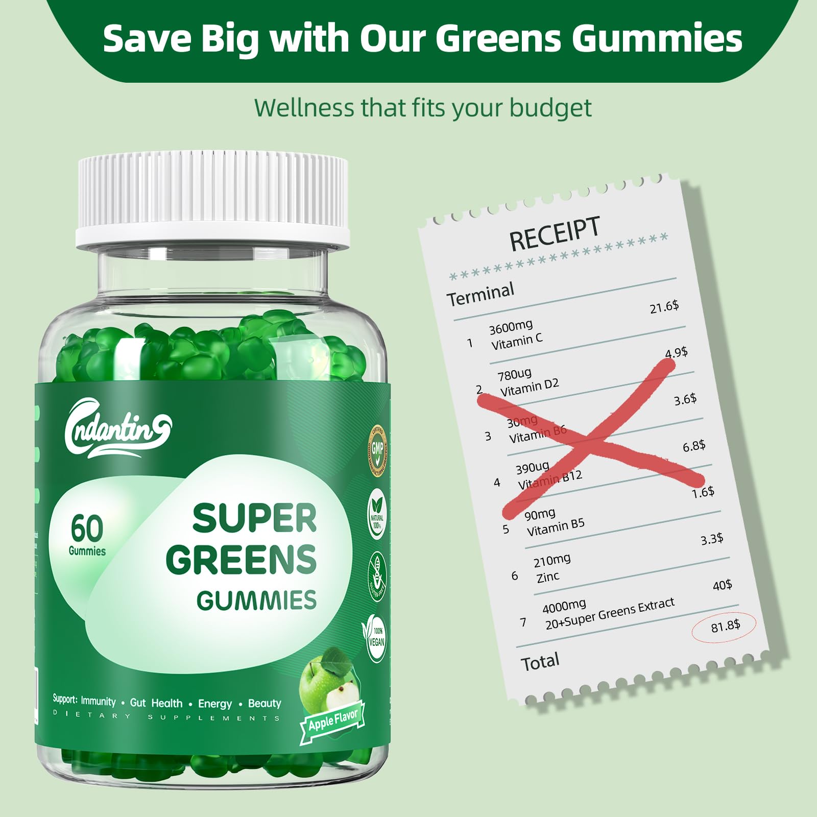 Multivitamin Super Greens Gummies - Daily Vegan Gummy Vitamins for Women, Apple Flavor | Organic Blend with Vitamin C, Turmeric, Zinc, Immune Support, Energy Booster, Metabolism | 60 Count CNDANTINGBuy Supplements Australia
