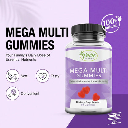 Pure By Nature Mega Multi Gummies, Multivitamin Gummies for Women & Men, Kids Multivitamin Gummies with A, D2, C, E, K, Biotin Pure By Nature