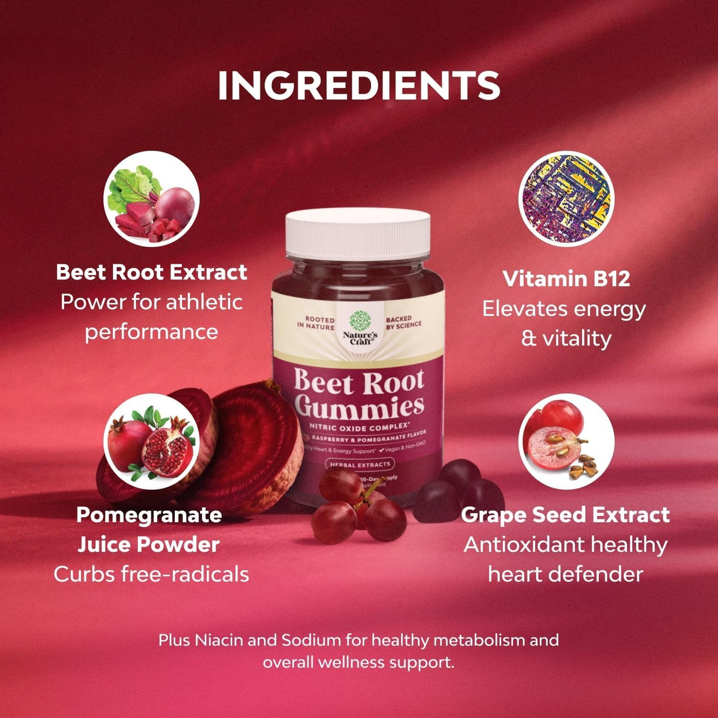 Flow Boosting Beet Root Gummies - Invigorating Beet Gummies for Adults Nitric Oxide Energy & Heart Health Support with Grapeseed Pomegranate & Vitamin B12 - Vegan Non-GMO & Gluten Free - 60 Count Natures CraftBuy Supplements Australia