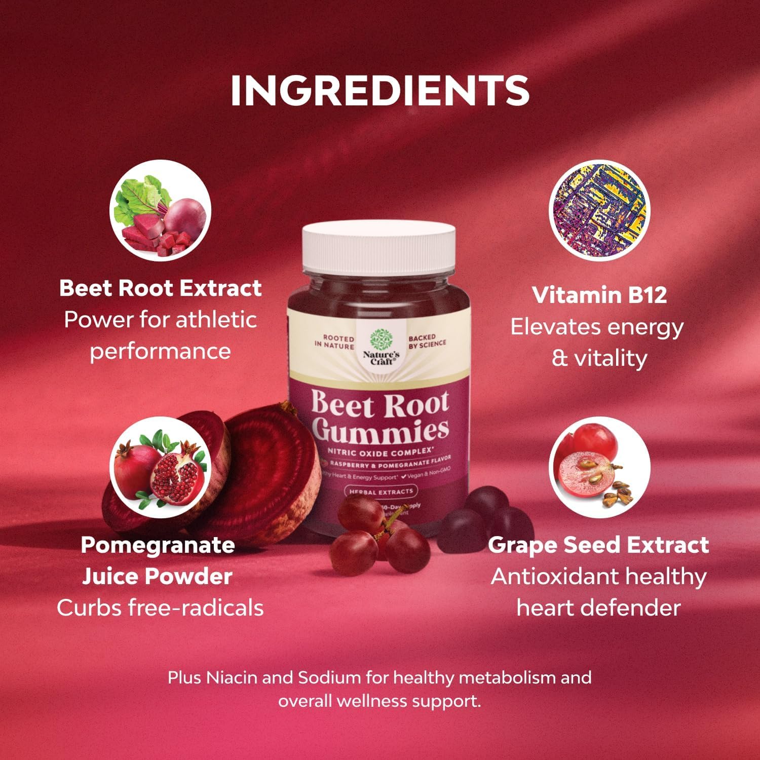 Flow Boosting Beet Root Gummies - Invigorating Beet Gummies for Adults Nitric Oxide Energy & Heart Health Support with Grapeseed Pomegranate & Vitamin B12 - Vegan Non-GMO & Gluten Free - 60 Count Natures CraftBuy Supplements Australia