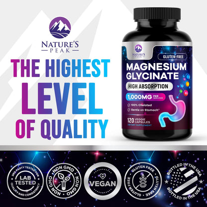 Magnesium Glycinate Capsules 1000mg Per Serving - Pure & Chelated for Max Absorption - Supports Muscle, Nerve & Heart Health, Sleep Support - Magnesium Supplement for Whole Body Support - 120 Capsules Nature's PeakBuy Supplements Australia