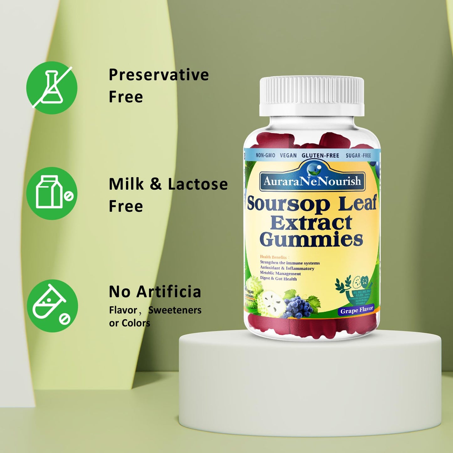 AuraraNeNourish Sugar Free Soursop Gummies with Probiotics & Fiber 100 Billion CFUs, Organic Soursop Leave Extract with Vitamin C B-Complex for Digestive Gut Health, Energy Balance, Immune Boost AuraraNeNourishBuy Supplements Australia