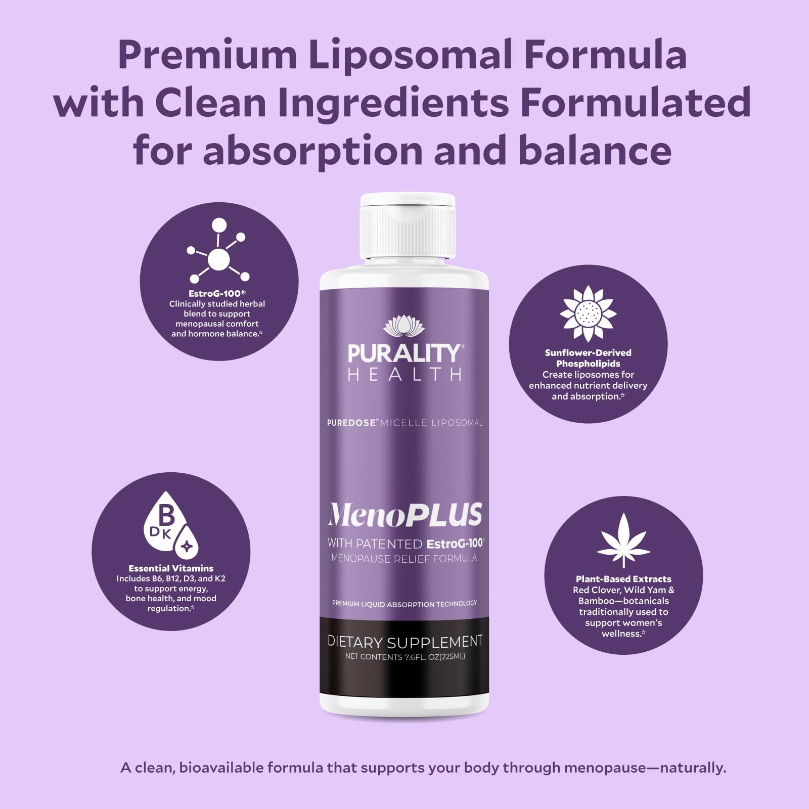 PURALITY HEALTH MenoPLUS Liposomal Menopause Supplement for Women | EstroG-100®, Vitamins D3, B6, B12 & K2 | Iodine | Hormonal Balance & Mood Support PURALITY HEALTHBuy Supplements Australia