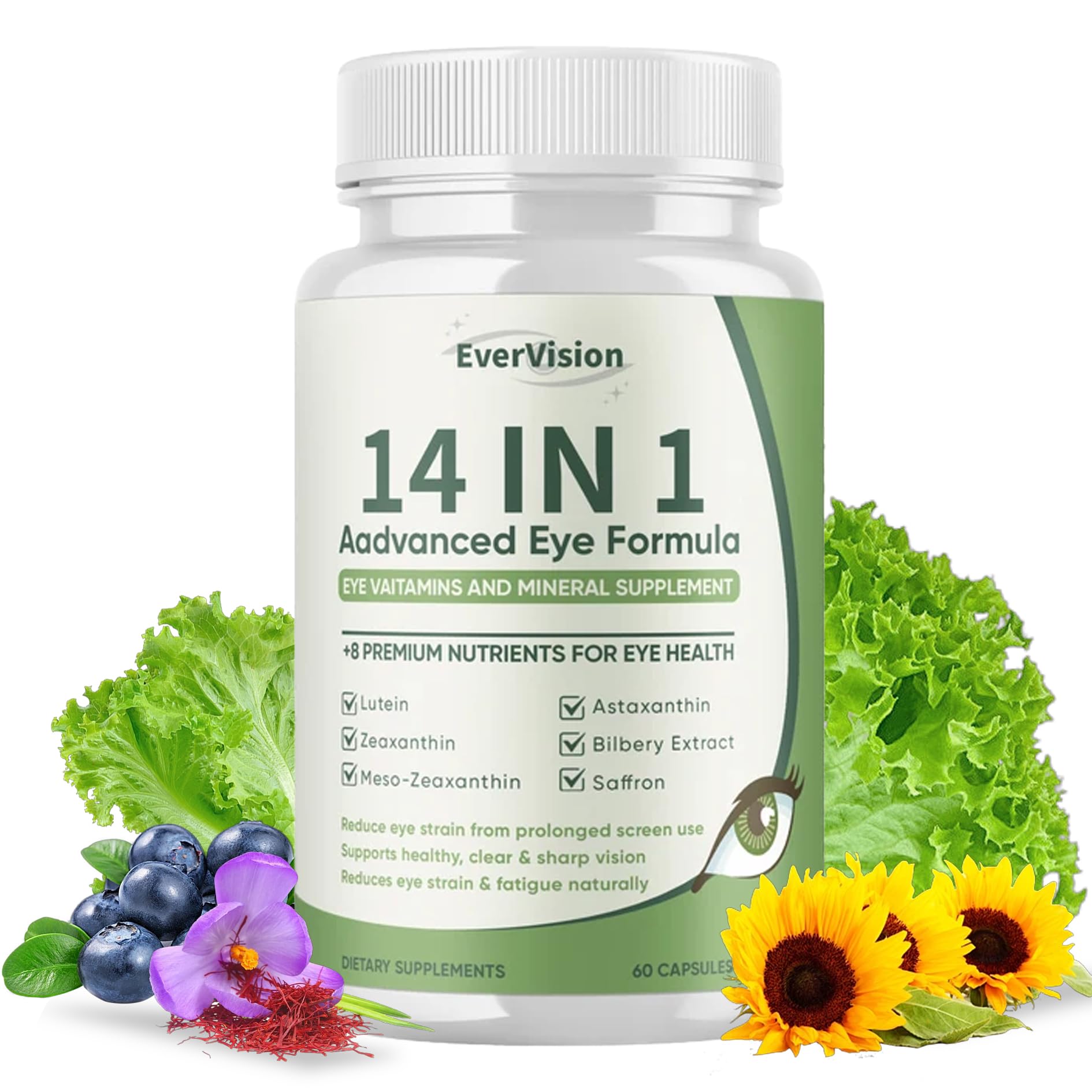 EVERVISION 14 in 1 Advanced Eye Formula, Eye Vitamin and Mineral Supplement with Zinc, Lutein, Zeaxanthin & Bilberry Extract, 60ct EVERVISIONBuy Supplements Australia