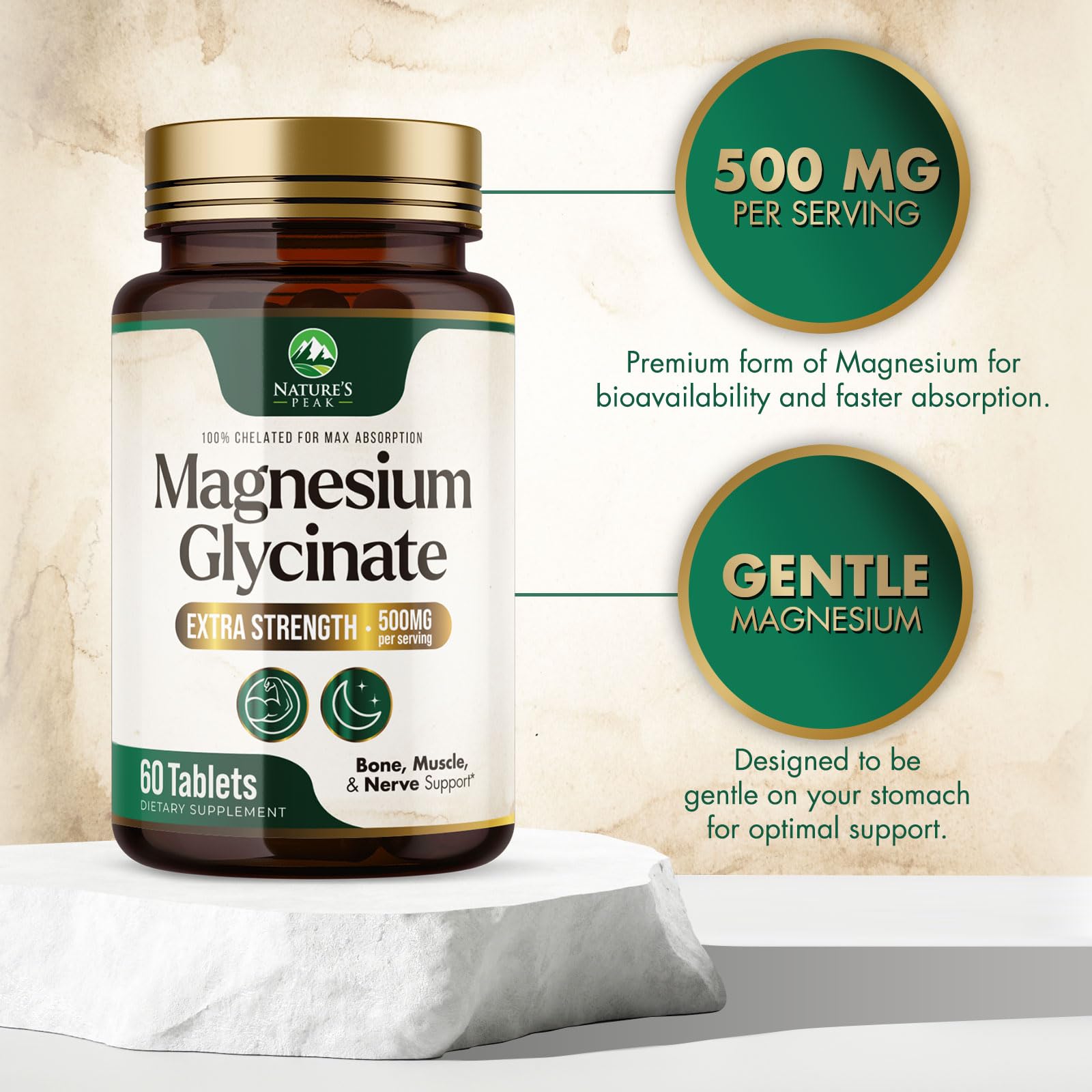 Magnesium Glycinate 500mg Per Serving - High Absorption Chelated Magnesium Supplement for Muscle, Bone and Heart Health Support - Easy Digestion & Gentle on Your Stomach - USA Bottled - 60 Tablets Nature's PeakBuy Supplements Australia