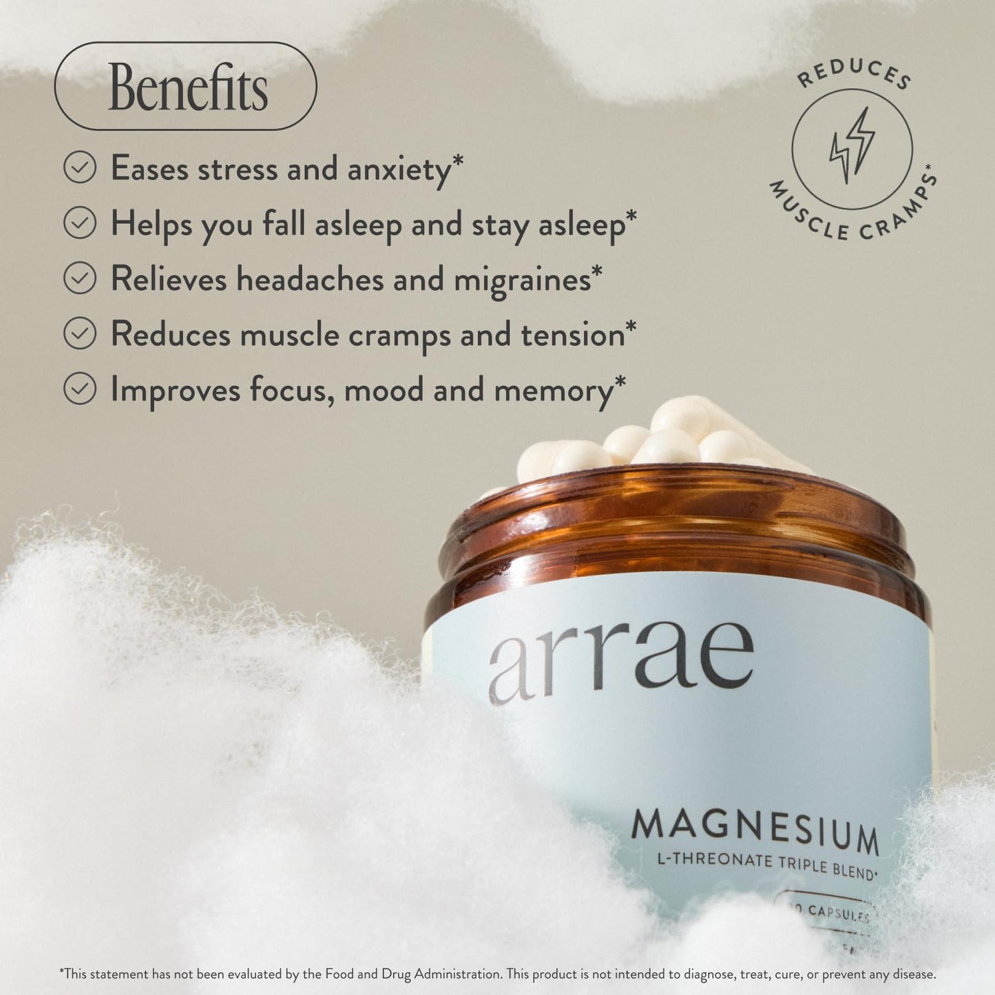 Arrae Magnesium Supplement, Magnesium Glycinate, Citrate & L-threonate, 250 mg, Support Mood, Sleep, Nerves, and Muscles,90 Capsules ArraeBuy Supplements Australia