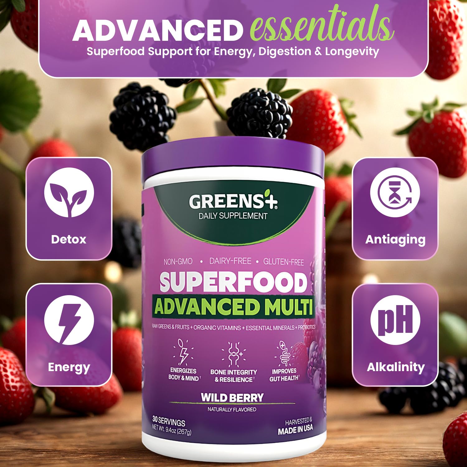 Greens+ Advanced Multi Wild Berry Superfood Powder, Organic Blend, Vegan, Non-GMO, Soy-Free, Dairy-Free, Gluten-Free, Dietary Supplement with Vitamins & Minerals, 9.4 oz Greens+Buy Supplements Australia