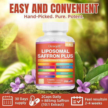 Oeaqeff Liposomal Saffron Supplements -11 in 1 100% Pure Saffron Extract 88.5 mg Maximum Absorption for Mood, Energy & Vision,Vegan, Non-GMO - 60 Vegan Capsules (1) OeaqeffBuy Supplements Australia