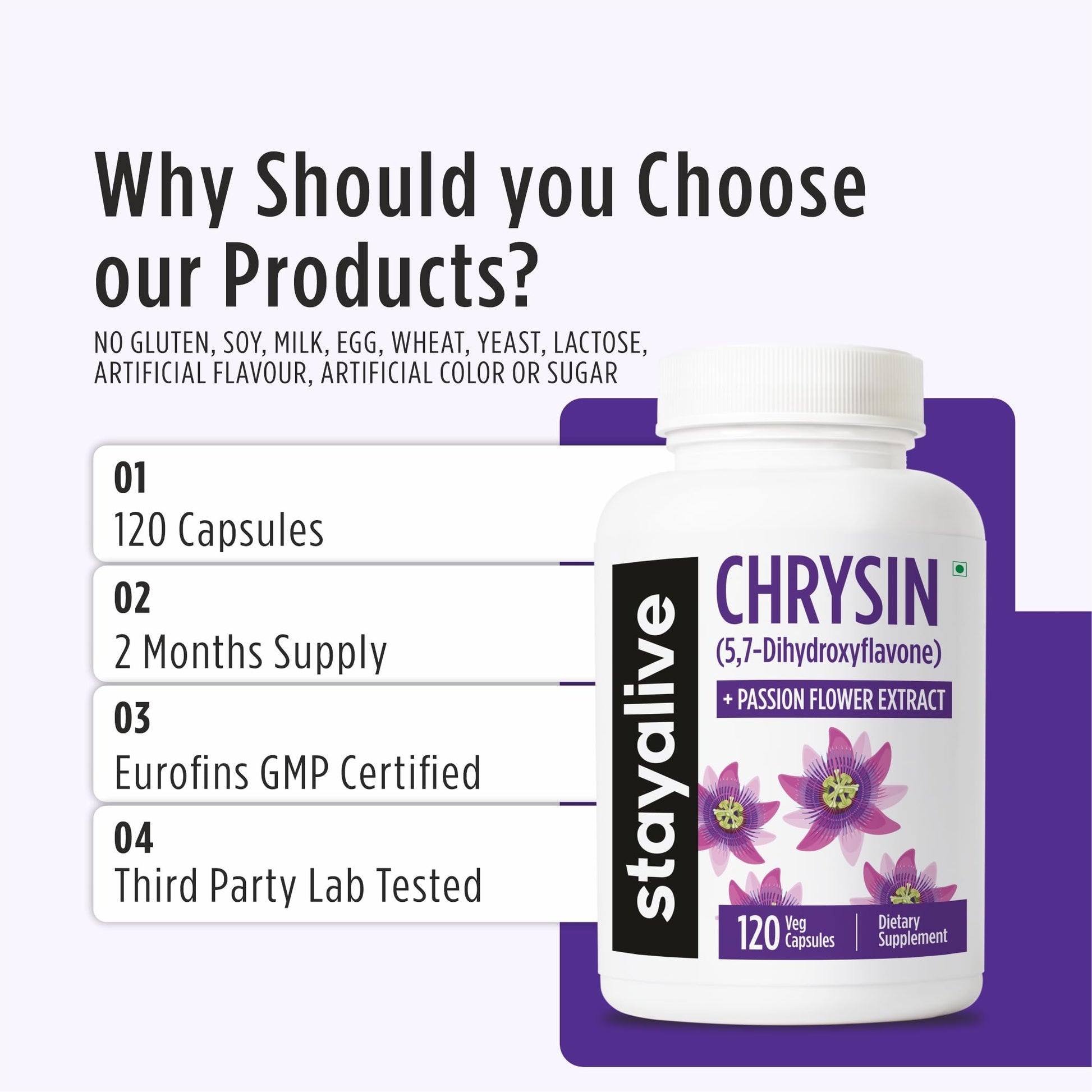STAY ALIVE Chrysin Supplement 500mg & Passion Flower Extract Powder, 5,7-Dihydroxyflavone, Non-GMO and Gluten-Free Chrysin for Men and Women, 120 Capsules STAY ALIVEBuy Supplements Australia