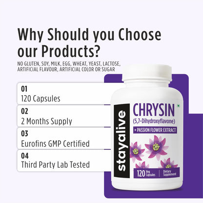 STAY ALIVE Chrysin Supplement 500mg & Passion Flower Extract Powder, 5,7-Dihydroxyflavone, Non-GMO and Gluten-Free Chrysin for Men and Women, 120 Capsules STAY ALIVEBuy Supplements Australia