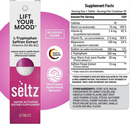 Seltz® Lift Your Mood – Effervescent Vitamins for Mood Support & Energy with L-Tryptophan, Saffron Extract & B Vitamins (B3, B6, B12) SeltzBuy Supplements Australia