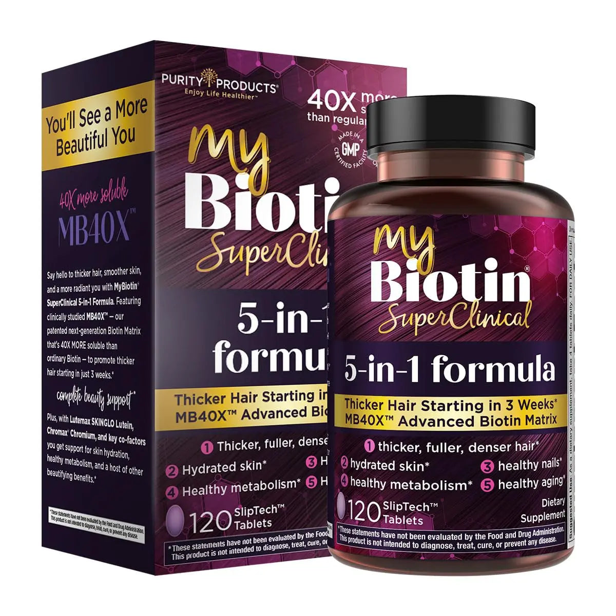 Purity Products MyBiotin SuperClinical New 5-in-1 Elite Multivitamin + MB40X Biotin Matrix Daily Multi - Thicker Hair Starting in 3 Weeks Purity Products