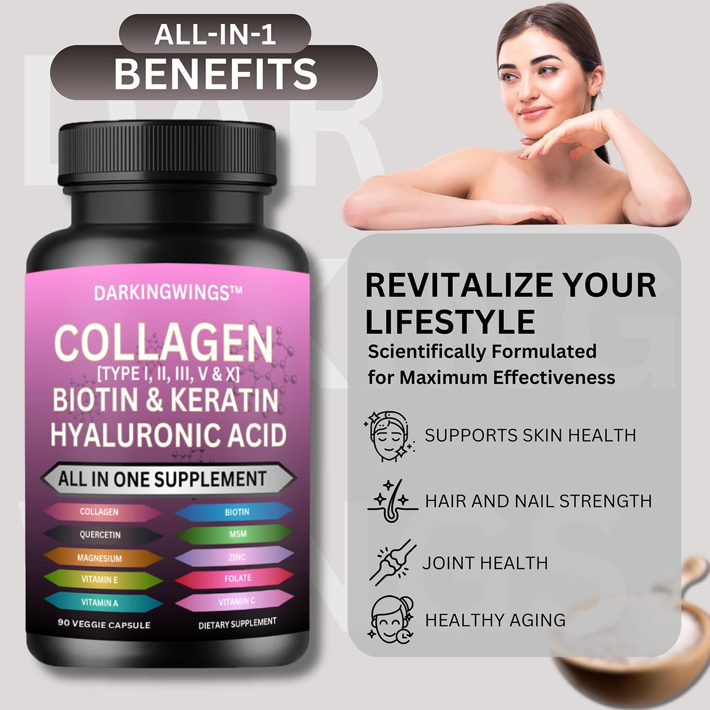 Multi Collagen Pills Peptides Types I, II, III, V & X MCG Biotin Keratin Hyaluronic Acid MSM Vitamin C Zinc Magnesium with Grape Seed Extract, Quercetin - Hair Skin and Nails Vitamins Capsule DarkingwingsBuy Supplements Australia
