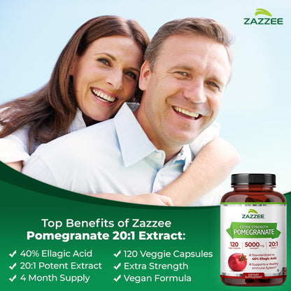 Zazzee Extra Strength Pomegranate 20:1 Extract, 40% Ellagic Acid, 120 Vegan Capsules, 4 Month Supply, Punica Granatum, Antioxidant & Cellular Health Support, Non-GMO, Made in the USA ZazzeeBuy Supplements Australia