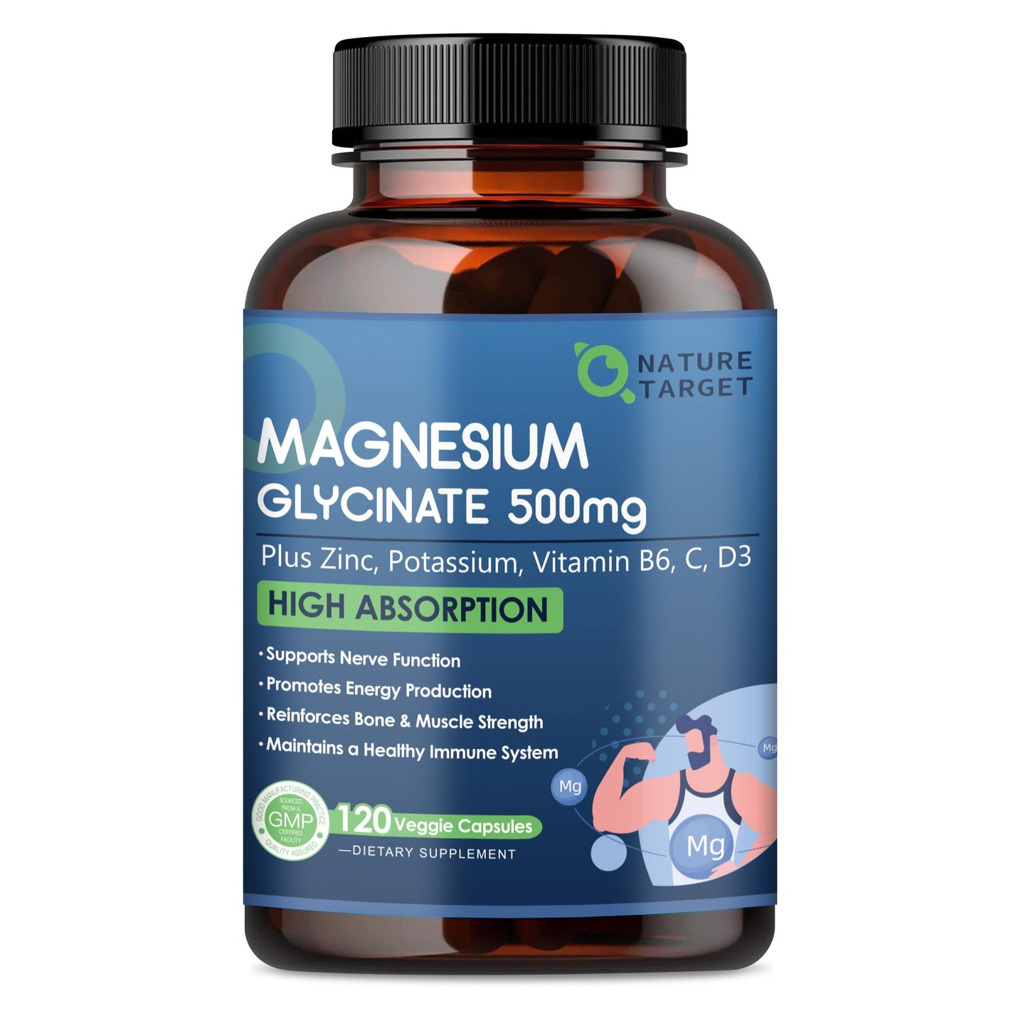 NATURE TARGET Magnesium Glycinate 500mg, Chelated Magnesium with Zinc & Vitamin D3 for Muscle, Nerve & Bone, Support Heart Health & Leg Cramp, Strength Immune System - 120 Capsules NATURE TARGETBuy Supplements Australia