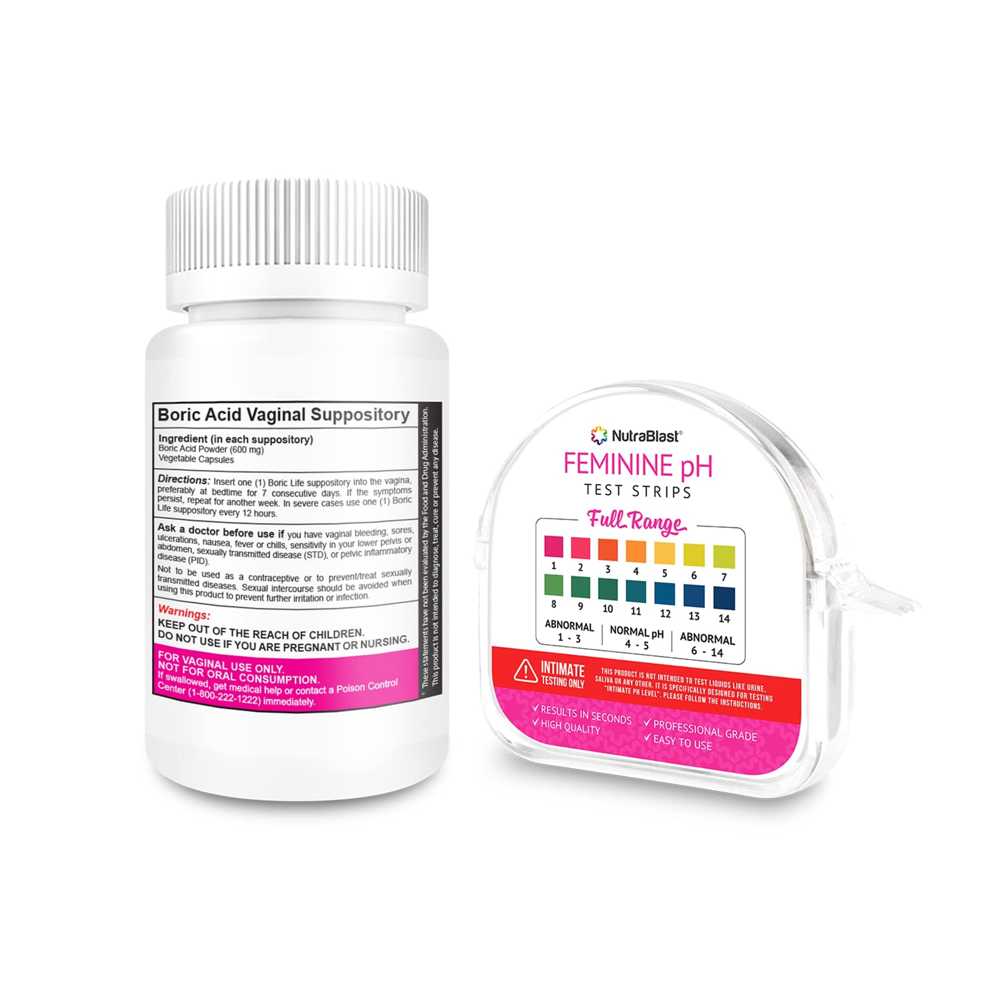 NutraBlast Boric Acid Vaginal Suppositories 600mg (30 Count) & Feminine pH Test Strips 1-14 (100-Tests Roll) NutraBlastBuy Supplements Australia