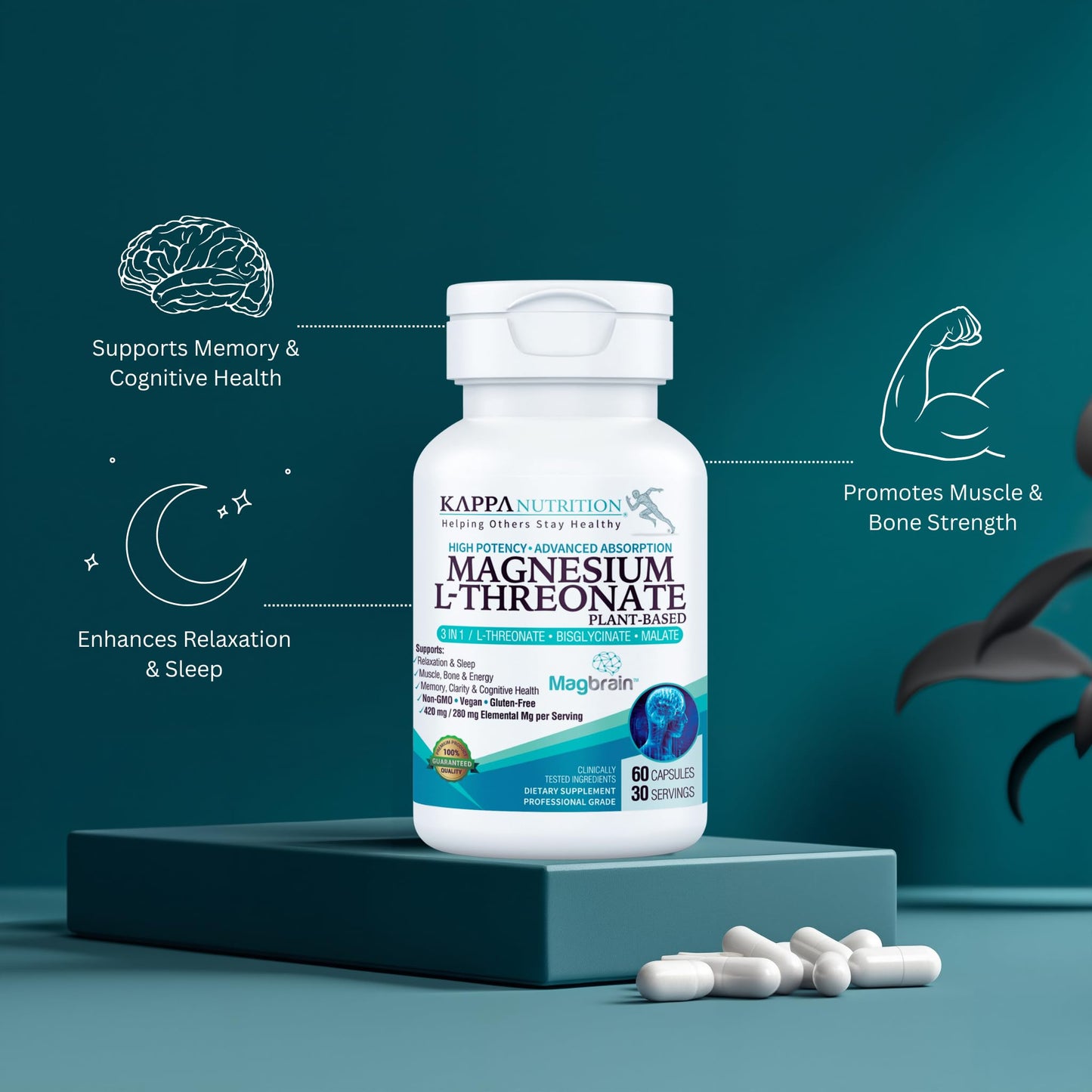 Kappa Nutrition Powered by Magbrain™ Magnesium L-Threonate Plant-Based, 60 Vegan Capsules, 420mg Elemental Magnesium (3 Capsules) from 2,253mg