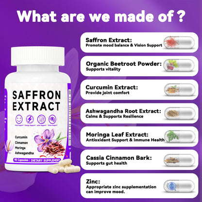 Happy Saffron Supplements, 100mg Saffron Extract, Saffron Blend with Turmeric & Ashwagandha, Supports Mood, Focus, and Energy Boost, 90 Capsules MossllyBuy Supplements Australia