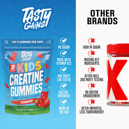 TASTY GAINS Kids & Teen Creatine Gummies with Vitamin B12 for Growth Support, Easy Chew Daily Supplement, Gummy Vitamins for Kids and Teens, Ages 5+ TASTY GAINSBuy Supplements Australia