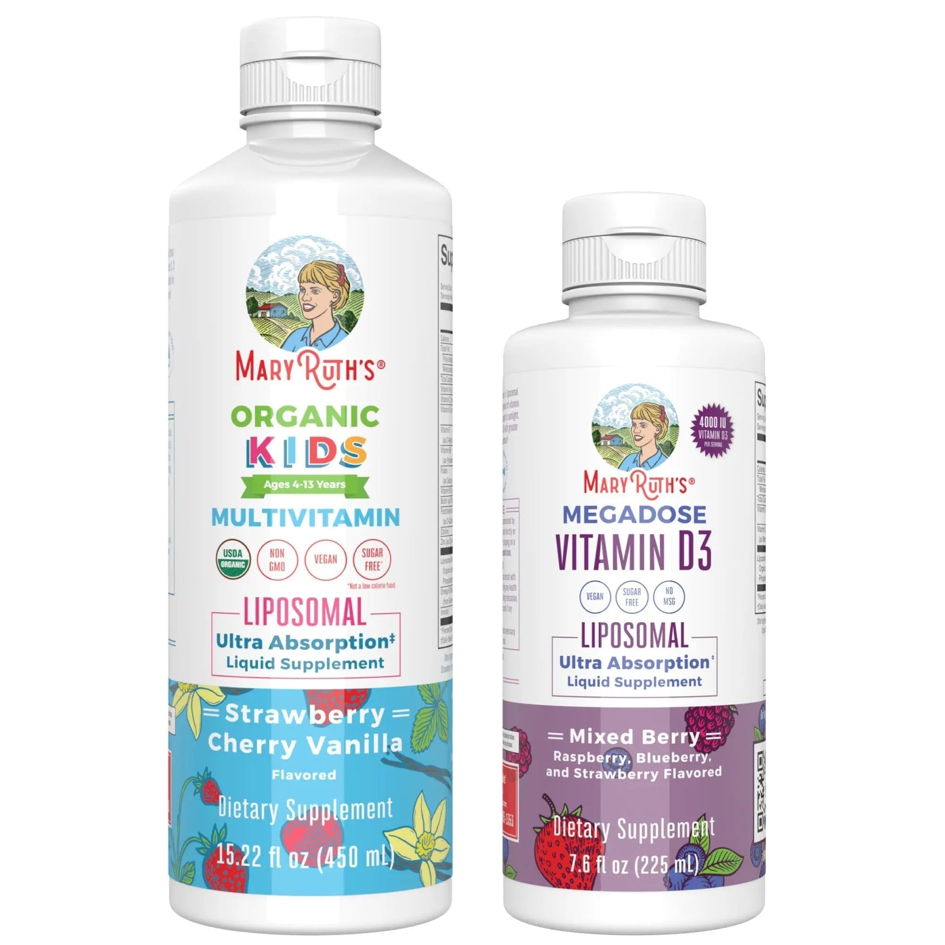 MaryRuth Organics Kids Multivitamin Liposomal (Strawberry Cherry & Vanilla) & Vitamin D3 Liposomal (Mixed Berry) Clean Label Project Verified MARYRUTH'S