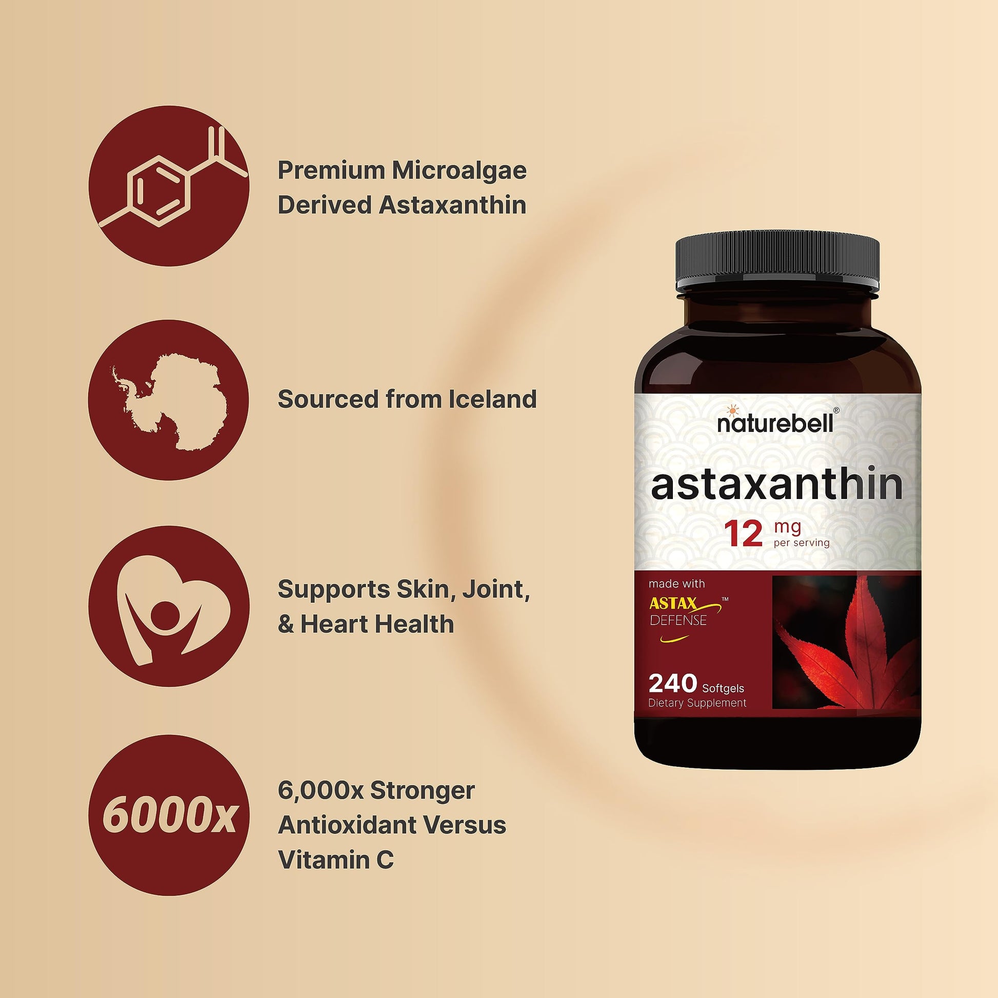 NatureBell Astaxanthin 12mg, 240 Softgels, Made with Astax, Max Strength NatureBellBuy Supplements Australia