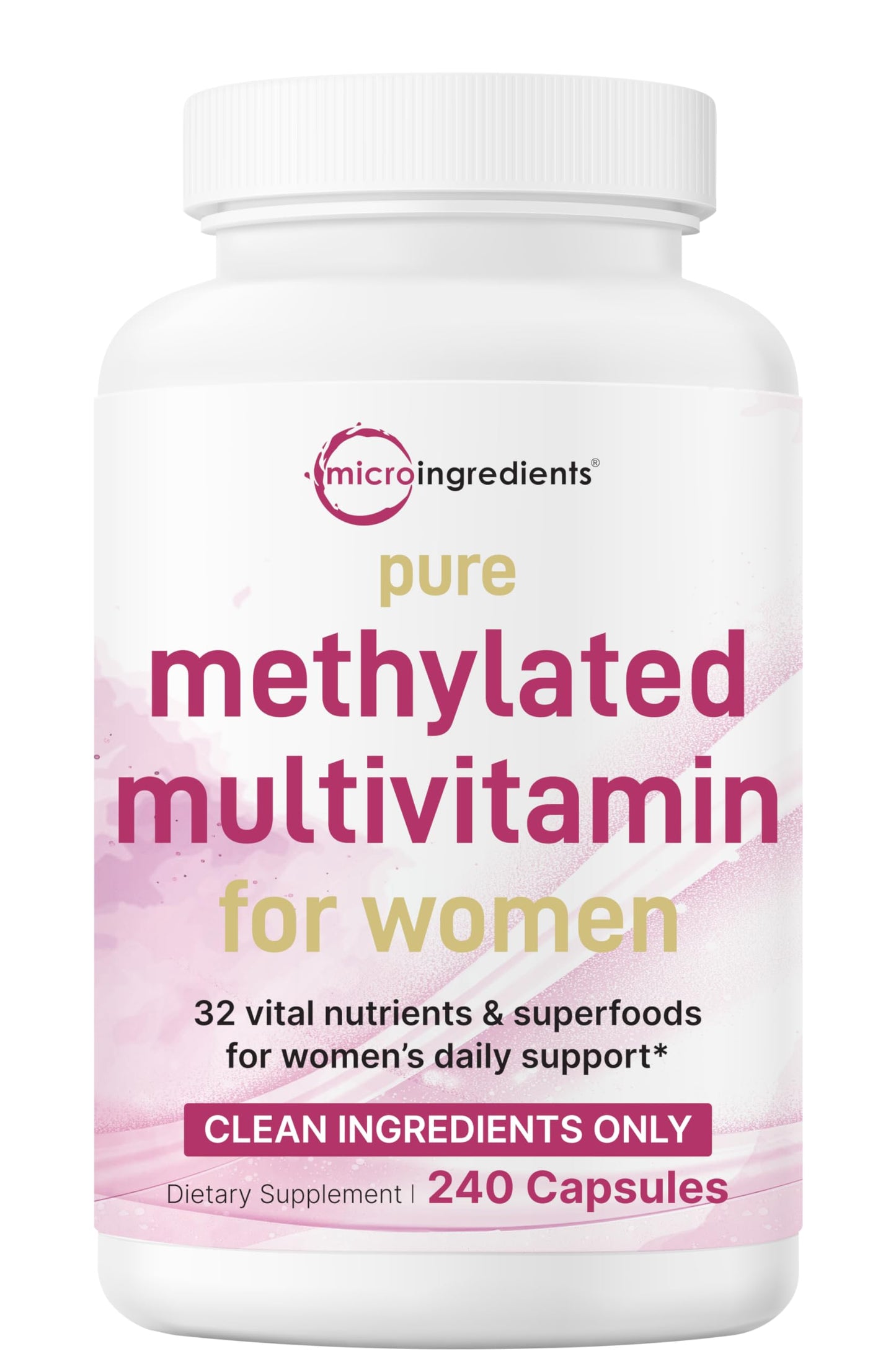 Micro Ingredients Pure Methylated Multivitamin for Women, 240 Capsules | 32-in-1 Formula with Vitamin B, C, D + Iron, Methylfolate & More