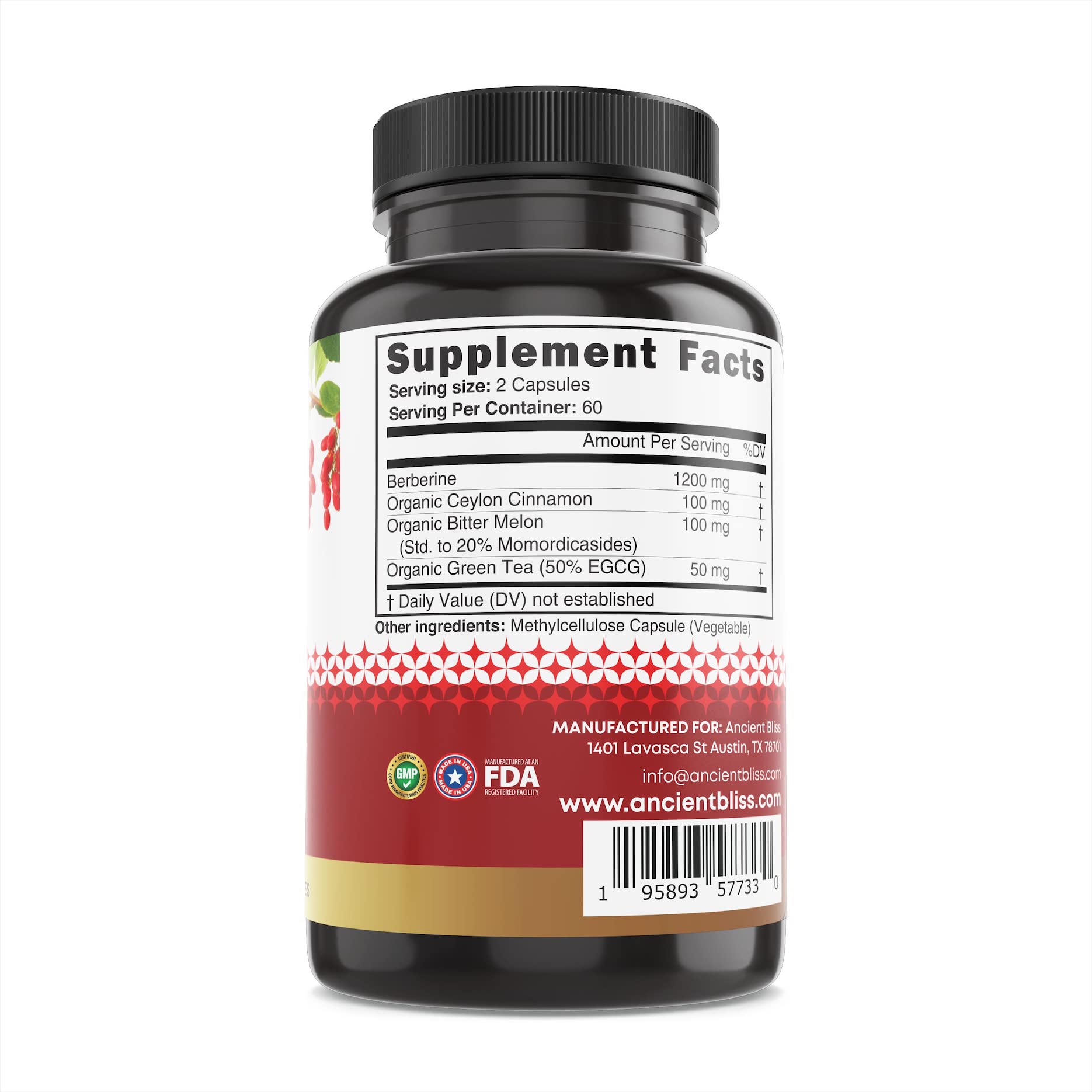 Ancient Bliss Berberine HCL 1200mg with Ceylon Cinnamon, Bitter Melon, and Green Tea Ancient BlissBuy Supplements Australia