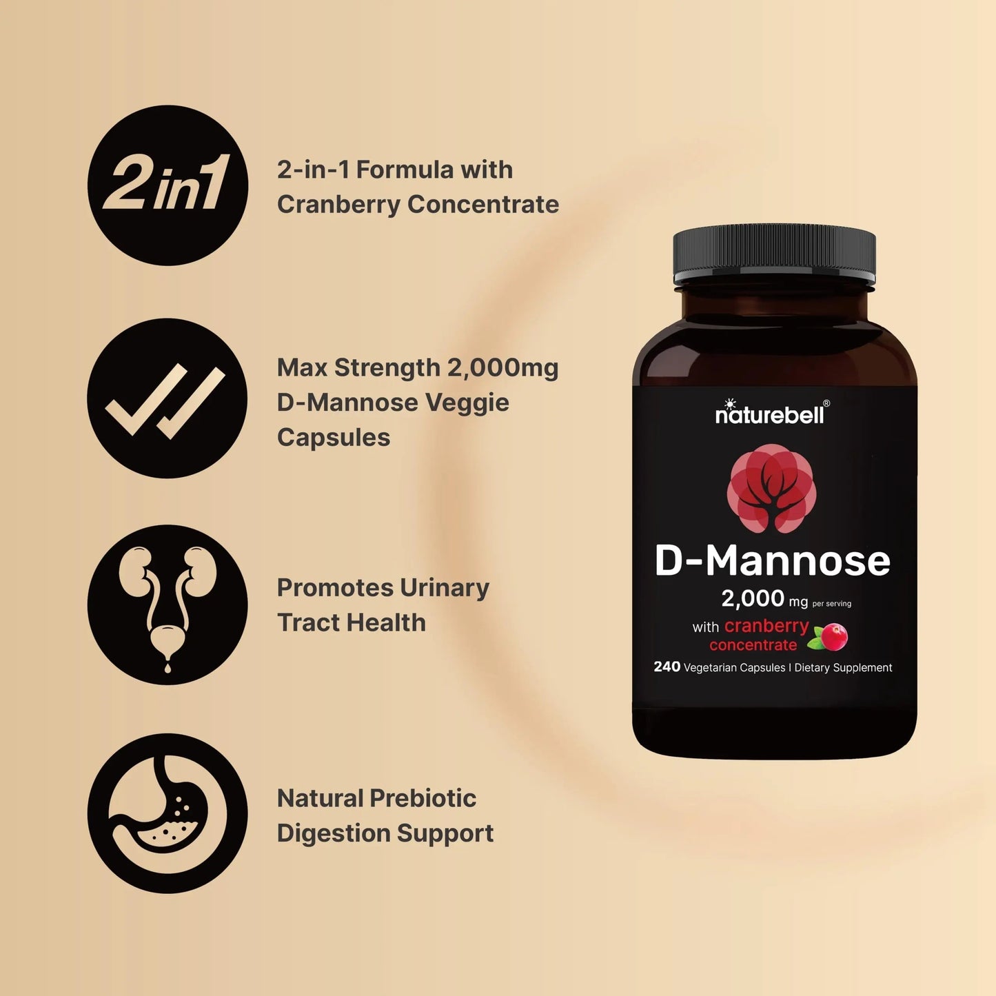 NatureBell D-Mannose 500mg Capsules (2,000mg Per Serving) | 240 Veggie Capsules + Cranberry Concentrate 40mg – Fast Acting Urinary Tract Health Pills – Ultra UTI Support for Women & Men NatureBellBuy Supplements Australia