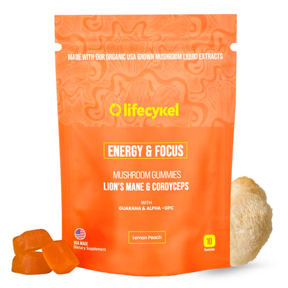 Life Cykel - AM Energy and Focus Mushroom Gummies, 10 Count - Organic Lion's Mane Gummies with Cordyceps, Guarana & Alpha GPC for Mental Clarity, Natural Energy, Endurance & Focus - Lemon Peach Flavor Life CykelBuy Supplements Australia