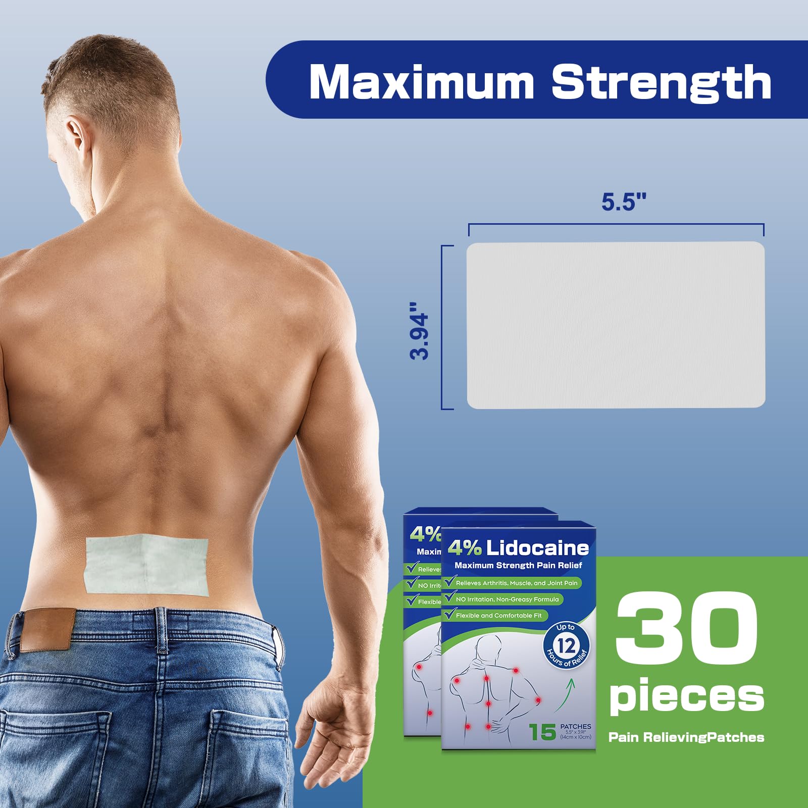 Uposiut 4% Lidocaine Pain Relief Patches 30 Count – Maximum Strength, 12 Hour Long Lasting, Flexible & Low Odor, for Back, Neck, Knee & Shoulder - 002AB UposiutBuy Supplements Australia