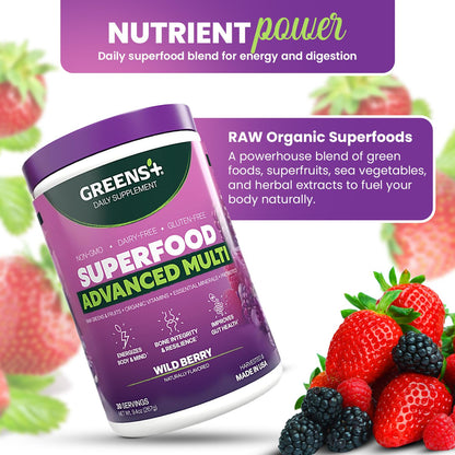 Greens+ Advanced Multi Wild Berry Superfood Powder, Organic Blend, Vegan, Non-GMO, Soy-Free, Dairy-Free, Gluten-Free, Dietary Supplement with Vitamins & Minerals, 9.4 oz Greens+Buy Supplements Australia