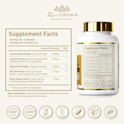 DR. Crown Turmeric Curcumin Supplement 1,500mg, 95% Standardized Curcuminoid with Ginger, MCT Oil, & Black Pepper for Better Absorption, for Antioxidant & Joint Support, 120 Capsules DR. CROWNBuy Supplements Australia