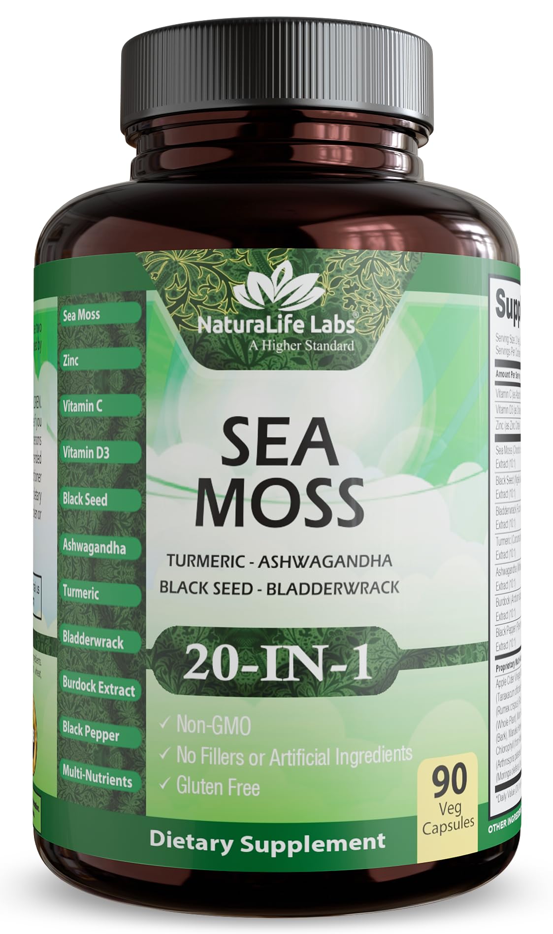 Sea Moss, Black Seed Oil, Bladderwrack, Turmeric, Ashwagandha, Burdock, Vitamin C, D3, Yellow Dock Root, Manuka, Dandelion - 90 Veggie caps NaturaLife LabsBuy Supplements Australia