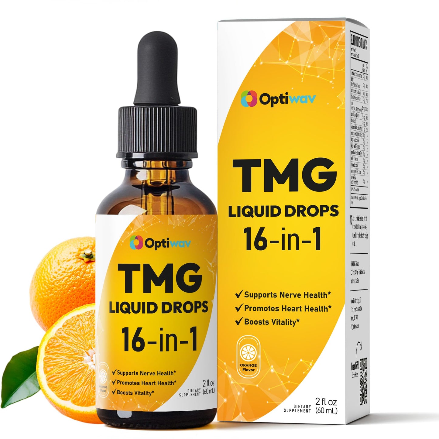 Optiwav TMG Trimethylglycine Liquid Drops - Betaine High Absorption Methylated Vitamins Supplement for Homocysteine Methylation & Heart Health Support - Orange Flavor Gluten Free Vegan - 2 fl oz OptiwavBuy Supplements Australia