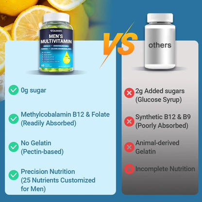 Mens Multivitamins Gummies, Methylated Multivitamin with Vitamins A C D K E, B Complex, Omega-3, Digestive Enzymes, Lycopene Wiszeen