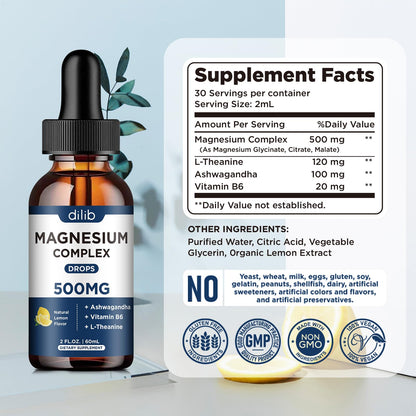 Magnesium Glycinate Liquid Drops, Triple Magnesium Complex Supplement with Citrate, Malate 500mg Ashwagandha, L-Theanine, Vitamin B6 for Sleep, Calm, Stress Relief, Bone, Muscle, Mood - Lemon Flavor dilibBuy Supplements Australia