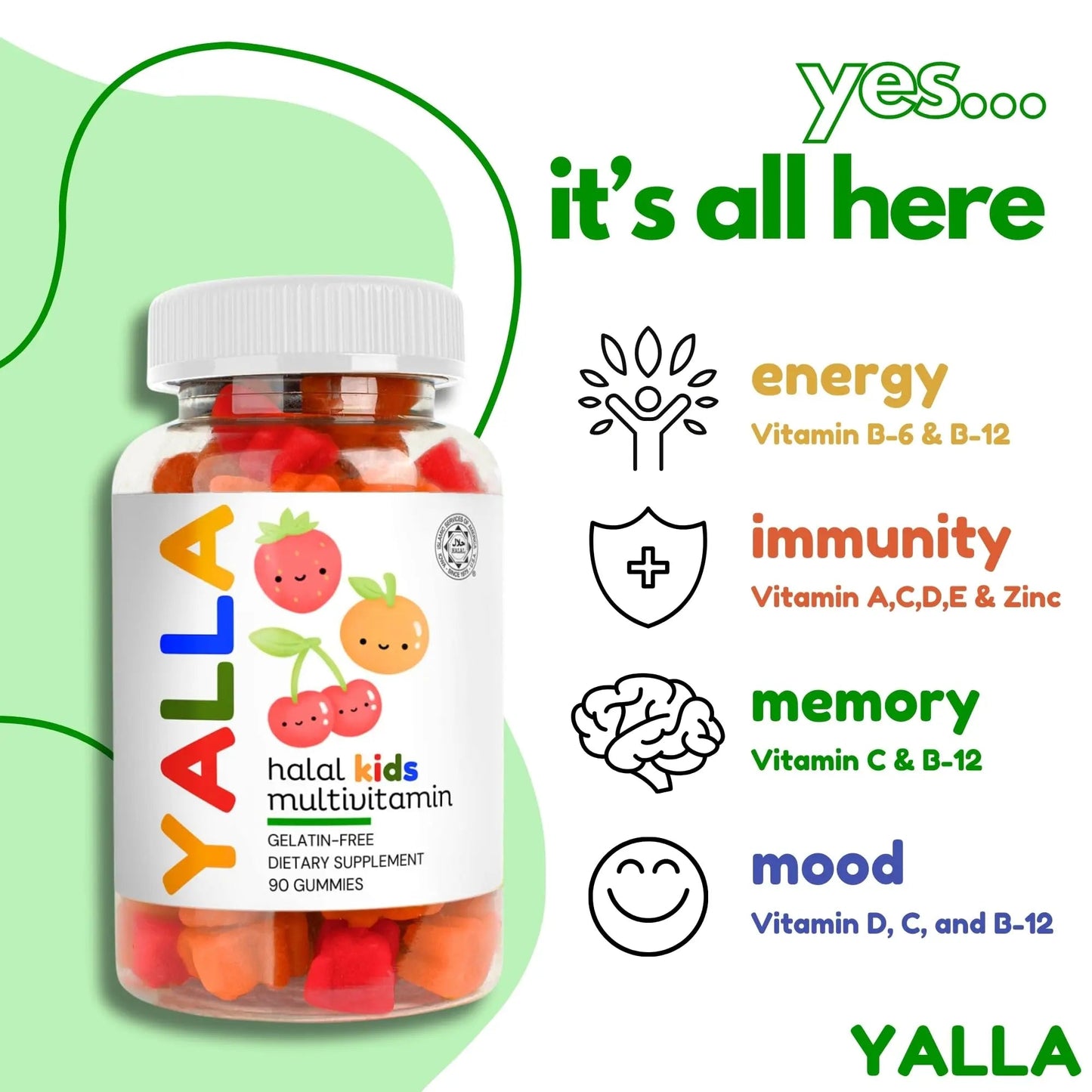 YALLA Halal Vitamins for Kids, Halal Kids Multivitamin Gummies, 45-90 Day Supply, Essential Vitamins with C, D3 YALLA