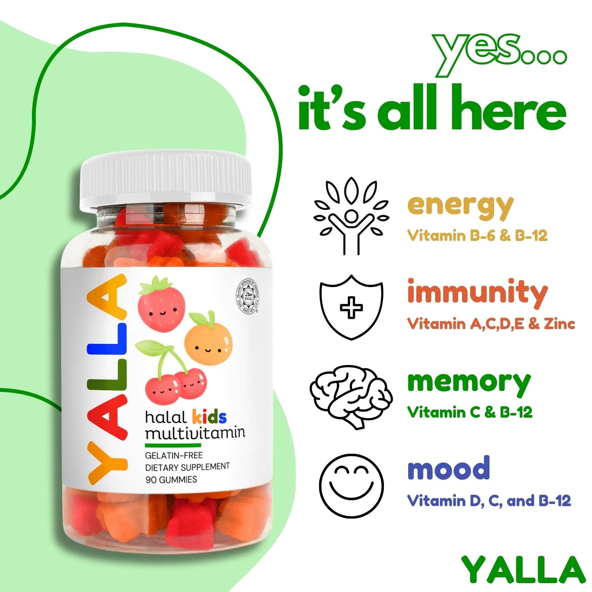 YALLA Halal Vitamins for Kids, Halal Kids Multivitamin Gummies, 45-90 Day Supply, Essential Vitamins with C, D3 YALLA