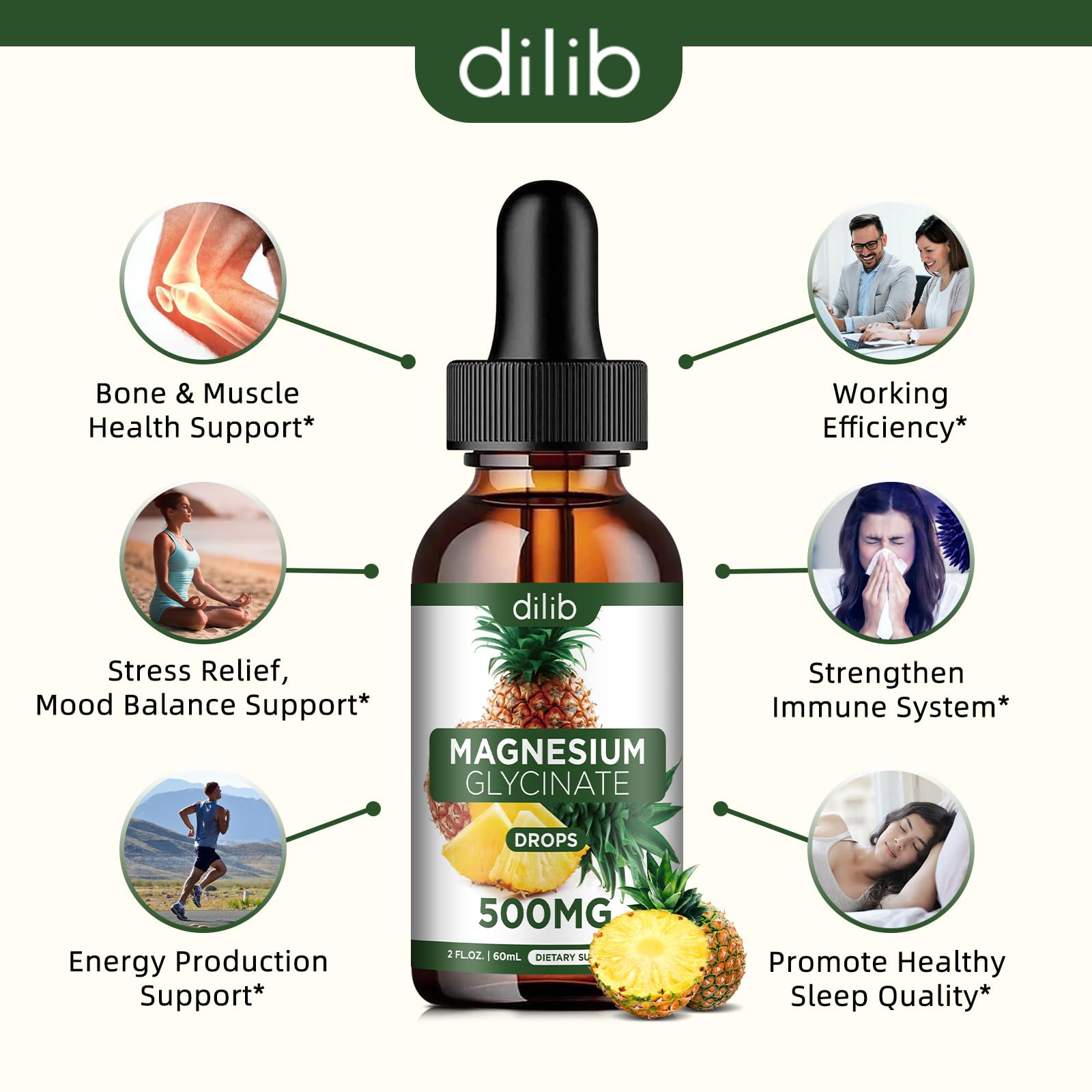 Magnesium Glycinate Supplement, Liquid Magnesium Glycinate Liquid Drops 500mg-Support Stress Relief, Relaxation, Mood, Sleep, Bone & Muscle-2 Fl Oz, Vegan, Pineapple Flavor dilibBuy Supplements Australia